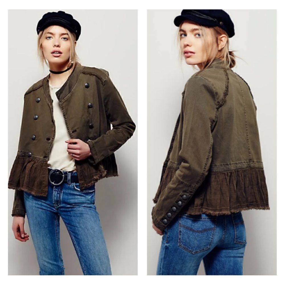 Free People military ruffle hem olive button up jacket S